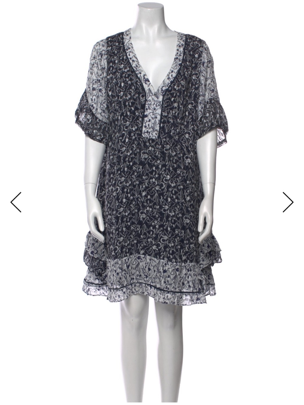 Tanya Taylor Silk Navy and White Floral Tiered V-Neck Dress